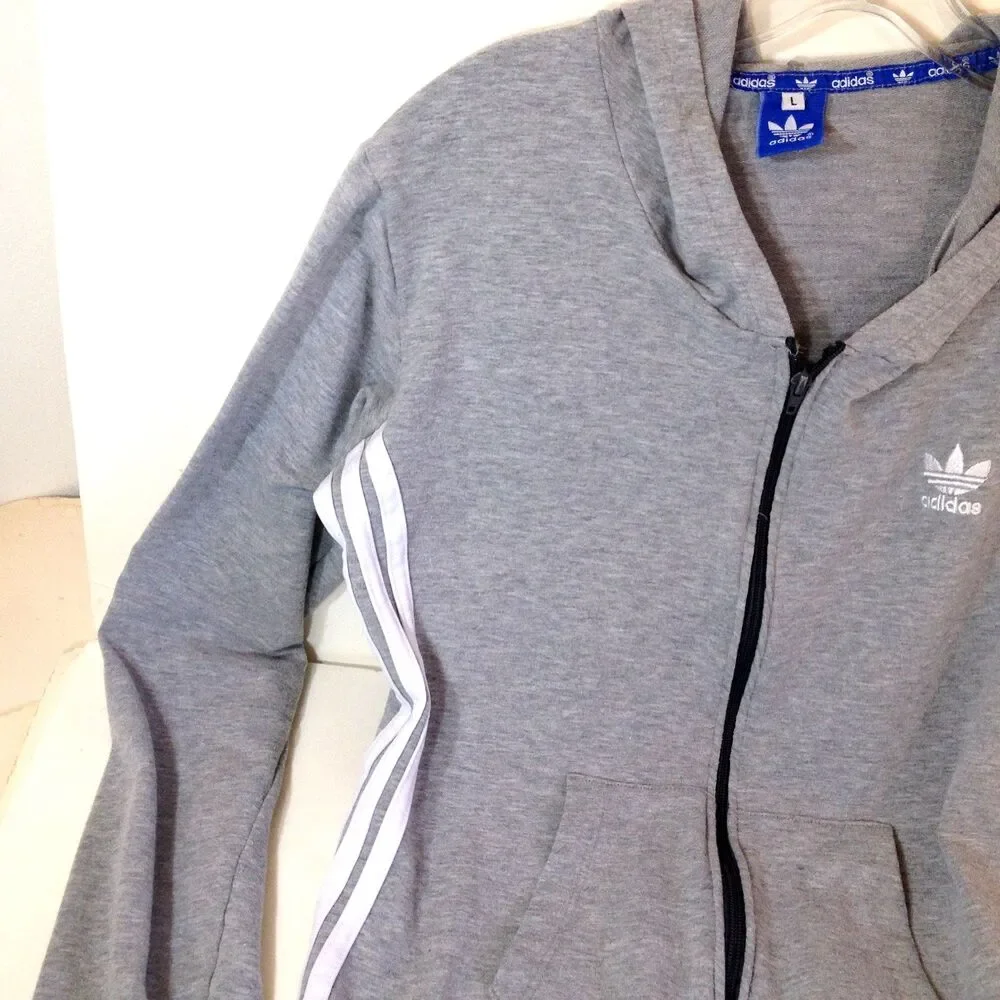 Adidas Hoodie Full Zip Sweatshirt Gray Youth Large 14/16 Soft Feel Pockets